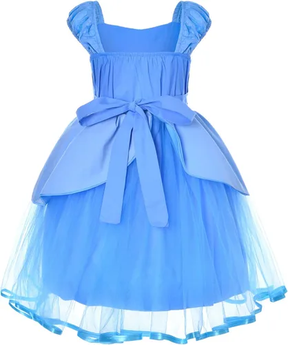 Vista 4 de Joy Join Disfraz de princesa, vestido azul para niñas pequeñas, vestido con guantes, corona, varita, collar