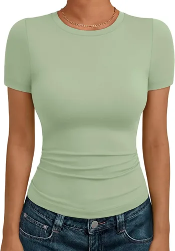 Vista 29 de AUTOMET - Camisetas básicas de manga corta para mujer, para verano, entrenamiento o gimnasio, con cuello redondo, ropa moderna estilo Y2K