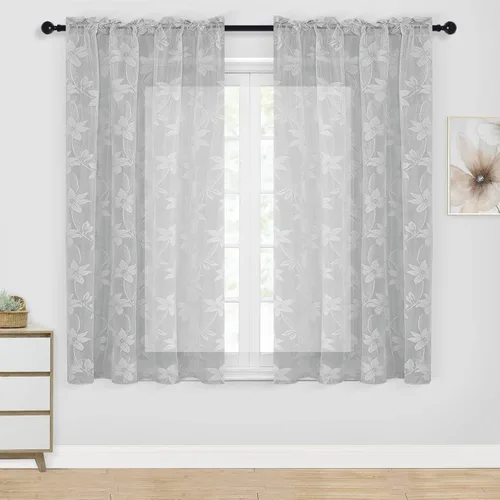 Vista 10 de DWCN Paquete de 2 cortinas traslúcidas pequeñas de encaje floral beige para cocina, cortinas traslúcidas ligeras con bolsillo para barra, cortinas