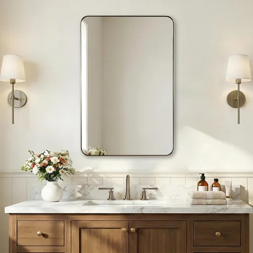 Vista 75 de ANDY STAR Espejo de pared cuadrado para baño, espejo de baño negro mate de 24 x 24 pulgadas, espejo de metal de esquina redondeada en marco de acero