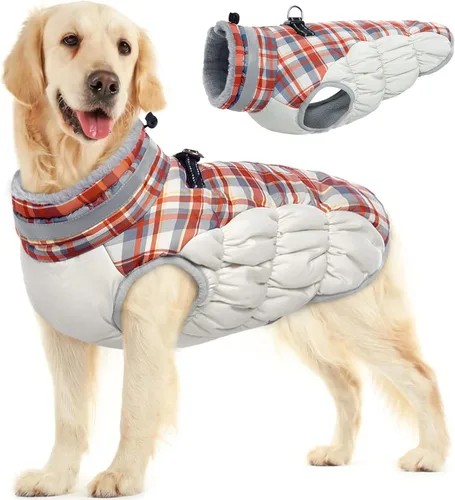 Vista 21 de Abrigo para perro, chaqueta cálida de invierno, acolchada, de vellón, chaleco reflectante con arnés, chaqueta de nieve impermeable con cremallera, a