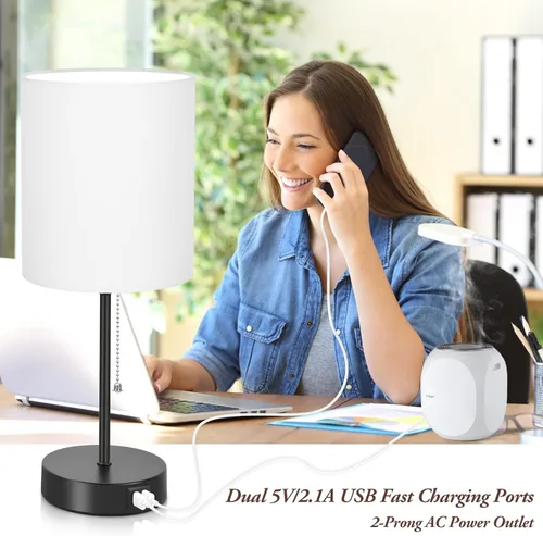 Vista 2 de Juego de 2 lámparas de mesa con puertos de carga USB, lámparas de noche blancas con salida de CA, lámparas de mesita de noche con interruptor