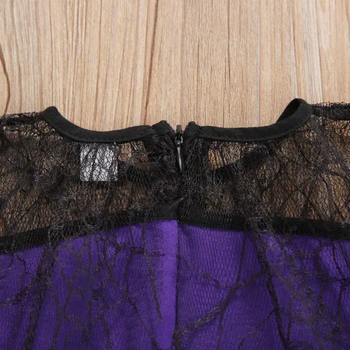 Vista 5 de Disfraz de bruja de Halloween de manga corta con encaje de araña tutú de tul vestido de fiesta de Halloween Morado