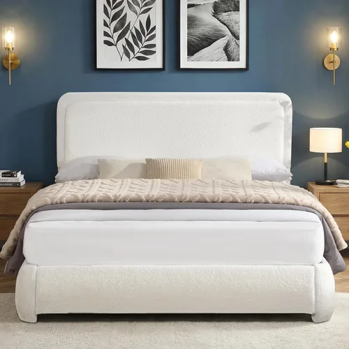Vista 7 de Flolinda Base de cama tapizada tamaño King con cabecera ajustable, plataforma moderna con listones de madera de tela Boucle, perfil bajo,