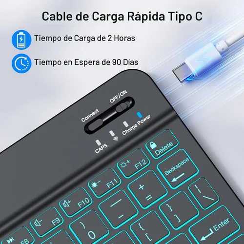 Vista 4 de Teclado inalámbrico para Samsung Galaxy Tab A11+ A9+ S10 FE S9 S10Lite Negro con retroiluminación