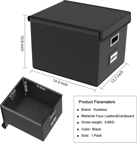 Vista 6 de Caja organizadora de archivos Huolewa con tapa, caja organizadora de carpetas de archivos colgantes de cuero sintético plegable con deslizadores