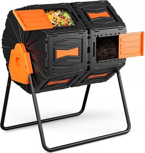 Vista 10 de Vaso de compost, fácil de montar y eficiente, contenedor de compost para exteriores, 45 galones/170 litros, compostador giratorio de doble cámara