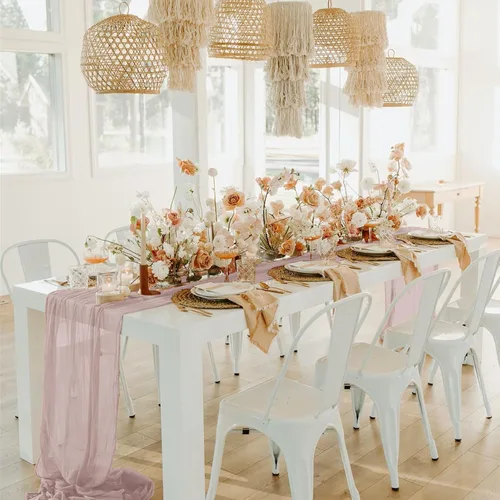 Vista 6 de Paquete de 2 caminos de mesa de gasa de color rosa sucio, camino de mesa de gasa de 10 pies, estilo bohemio, decoración para novia, baby shower