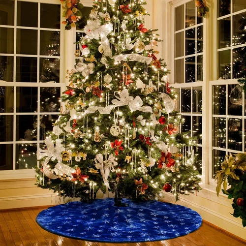 Vista 5 de Atiming Falda de árbol de Navidad azul de felpa de 30 pulgadas, falda de árbol de Navidad de piel azul oscuro con lentejuelas plateadas, copo