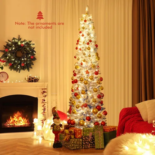 Vista 9 de GOFLAME - Árbol de Navidad artificial de 6 pies con luces LED blancas cálidas preiluminadas, árbol de Navidad con flecos de nieve, 435 puntas