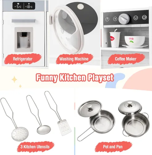 Vista 4 de Costzon Juego de cocina para niños, juego de madera para niños pequeños con luces y sonidos reales, fregadero, grifo, dispensador de agua, Blanco