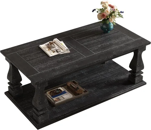 Vista 7 de JIVOIT Mesa de centro de granja con estante de almacenamiento, mesa auxiliar rectangular de 47.24 pulgadas de largo con parte superior de tablones