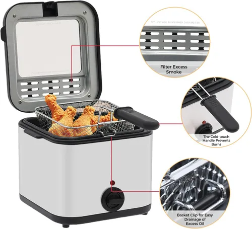 Vista 3 de Freidora eléctrica de acero inoxidable de 2.5L/2.64 cuartos de galón con cesta extraíble y ventana de visión, control de temperatura, piezas aptas