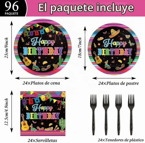 Vista 2 de Tevxj Juego de vajilla de 96 piezas para fiesta mexicana de feliz cumpleaños, platos de postre desechables, platos de fiesta, servilletas, tenedores