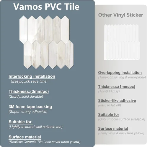 Vista 4 de Vamos Tile 1 hoja de azulejos brillantes con veta de mármol de madera para protector contra salpicaduras, despegar y pegar, azulejos de pared