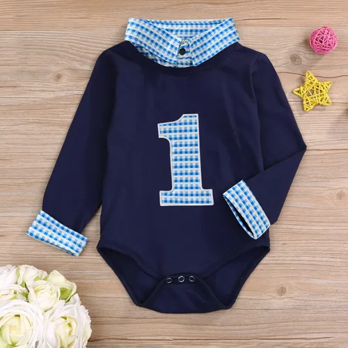 Vista 3 de Mameluco de manga larga para bebé niño, para primer cumpleaños, a cuadros, cuello alto