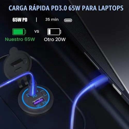Vista 3 de Boostable - Toma de corriente USB C de 12 V de 65 W y puerto PD3.0 de carga rápida de 18 W, cargador USB 3.0 para portátiles, tabletas, teléfonos
