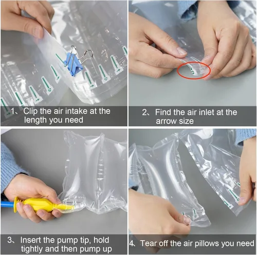 Vista 4 de Almohadas de aire para envío, 200 bolsas de aire inflables (3.94 x 7.88 pulgadas, 60 μm) con bomba, película de cojín reciclable para embalaje