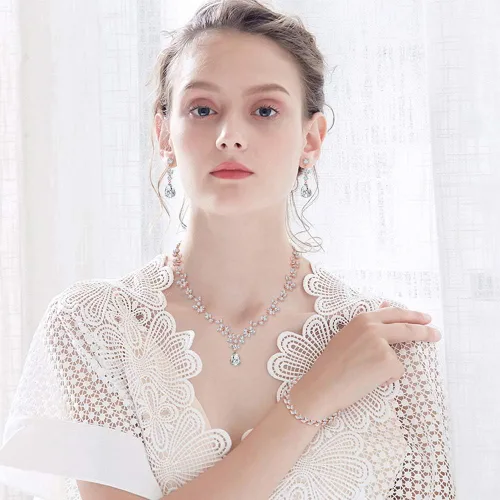Vista 4 de Juego de joyas Hadskiss collar y aretes colgantes chapado en oro blanco con circonita cúbica blanca AAA joyería para bodas y fiestas hipoalergénica