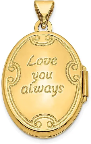 Vista 3 de Collar de cadena con dije de oro amarillo de 14 quilates con texto en inglés Love You Always Swirl reversible con foto con cadena que sostiene fotos