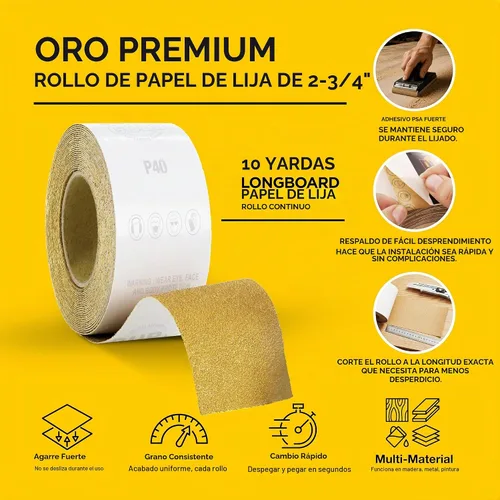 Vista 3 de Dura-Gold Papel de lija Longboard PSA 40 grano dorado premium, rollo de 10 yardas, 2-3/4" de ancho, autoadhesivo con respaldo pegajoso, rollo