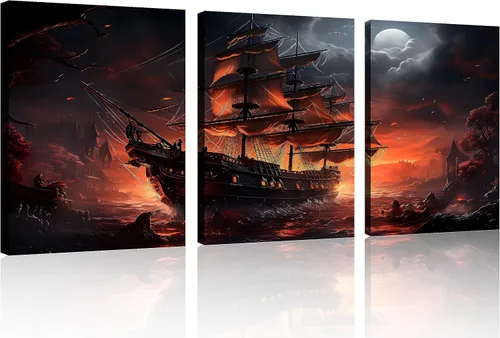 Vista 29 de TutuBeer 3 Piezas Arte de Pared Batalla Naval Barco Imagen Barco Pirata Velero Póster Barco Pirata Azul en Llamas Imagen Impresa en Lienzo Póster