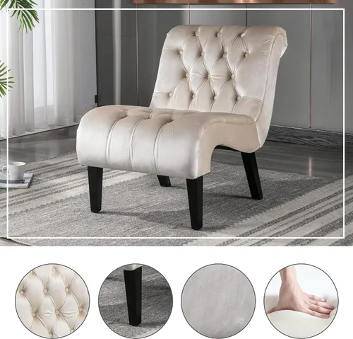 Vista 3 de Modern Velvet Armless Accent Living Room Chair,Upholstered Fabric Button Comfortable Leisure Chair with Wooden Legs for Bedroom,Office (Beige Velvet)