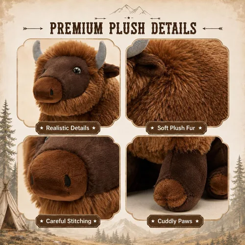 Vista 3 de MorisMos 14 Inch Bison Stuffed Animals, Wildlife Buffalo Plush 4 Brown Bison