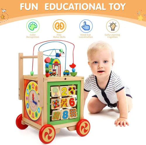 Vista 5 de Cubo de actividades de madera 6 en 1 Montessori Educativo Aprendizaje Juguetes Sensoriales para 1 Año de 12-18 Meses Niños Niñas Regalos de Primer