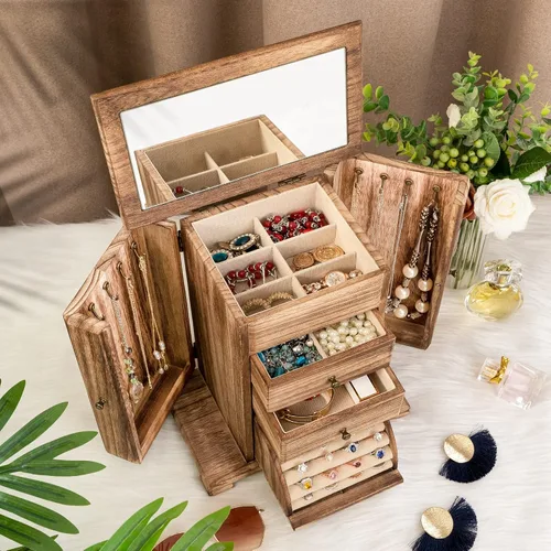 Vista 2 de Honiway Joyero para mujer con 6 compartimentos y espejo rústico de madera para collares pulseras aretes anillos regalos de cumpleaños