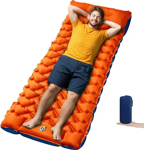 Vista 18 de Colchoneta para dormir, almohadilla de dormir compacta para acampar con almohada bomba de pie integrada, colchoneta inflable para viajes