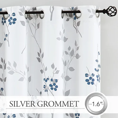 Vista 9 de Beauoop Cortinas Florales 100% Opacas de 54 Pulgadas de Largo, 2 Paneles para Dormitorio, Sala de Estar, Azul Gris y Blanco con Patrón de Flores
