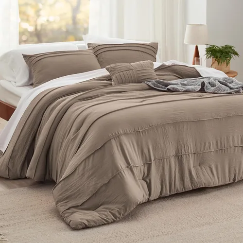 Vista 31 de Bedsure - Juego de edredón individual de 3 piezas, beige bohemio, plisado