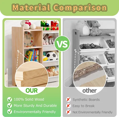 Vista 16 de MallBest Estante organizador de almacenamiento de juguetes para niños de 4 niveles, 100% madera maciza, armario de almacenamiento para niños con 9