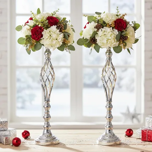 Vista 15 de 2 piezas de centros de mesa de boda para mesas de recepción, soportes de velas retorcidas, adornos, centros de mesa de metal con jarrón de flores