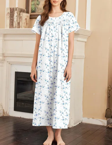 Vista 3 de Ekouaer Camisón para Mujeres de Algodón Camisón Largo de Noche Camisón de Manga Corta con Bolsillos Camisón con Botones Ropa de Dormir Suave