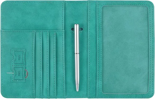 Vista 3 de HOTCOOL Funda de cuero con bloqueo RFID para pasaporte, funda de viaje para pasaporte, E Upgrade - A - Verde manzana, Correa elástica - Actualización