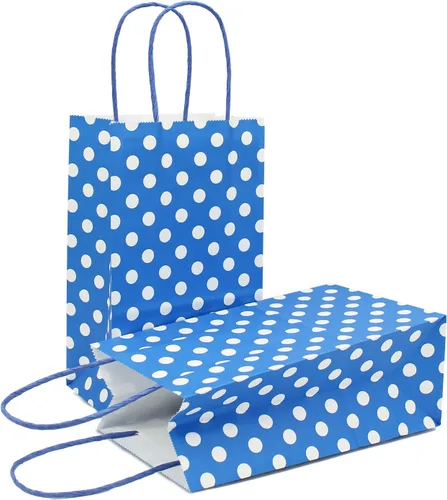 Vista 9 de AZOWA Bolsas de papel azul claro con lunares blancos, pequeñas bolsas de regalo de lunares azul claro para recuerdos de fiesta