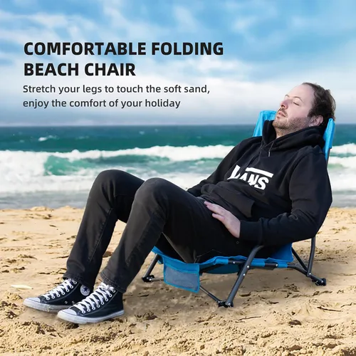 Vista 6 de Silla de playa plegable portátil para adultos, juego de 2, silla ligera con respaldo bajo con soporte para tazas y bolsillo de almacenamiento, silla