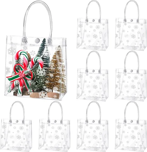 Vista 7 de Yeaqee 36 Piezas Bolsas de Regalo Transparentes de Copo de Nieve de Navidad con Asas Bolsas de Plástico a Granel para Dulces Bolsas Reutilizables