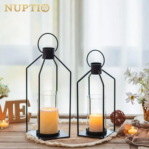 Vista 4 de NUPTIO - Farol decorativo para velas, linterna negra con cristal de huracán Negro