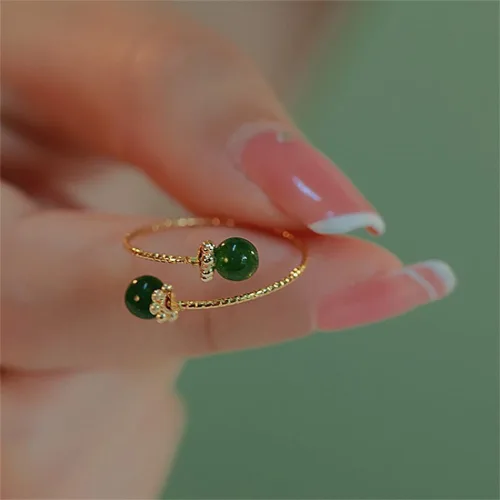 Vista 3 de Anillo abierto ajustable con bolas delicadas para mujer, chapado en oro, apilable, para boda, piedra de jade artificial, anillos de dedo de moda
