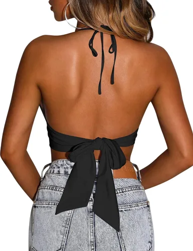 Vista 2 de Mizoci Camiseta corta sexy de verano sin mangas con cuello en V profundo y espalda descubierta