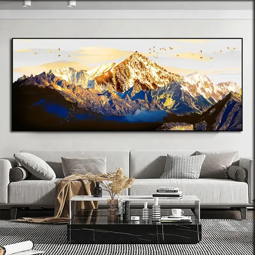 Vista 2 de Imprimir sobre lienzo. Cartel de la naturaleza Cuadros abstracta del paisaje de la montaña de la nieve del oro. Impresiones en lienzo Arte