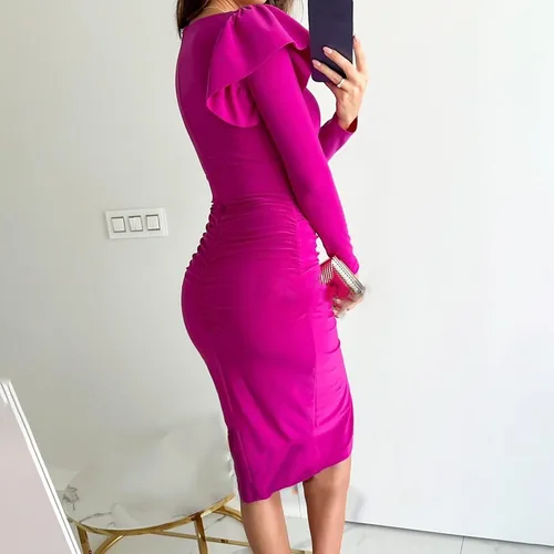 Vista 8 de Vestidos formales para mujer corte bajo, ajustado, vestido dividido volantes y manga cóctel, vestido fiesta cintura