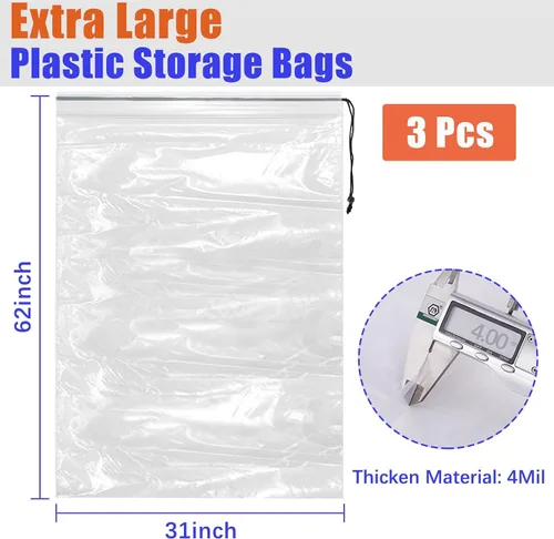 Vista 2 de Bolsas de plástico transparentes extragrandes con cordón de 157x79 cm, 3 paquetes (4 milímetros), bolsa de almacenamiento reutilizable a prueba