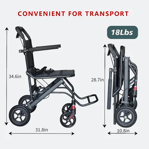 Vista 5 de Silla de ruedas de transporte portátil compacta y ultraligera, sillas de ruedas de viaje plegables con freno de mano para adultos y personas mayores