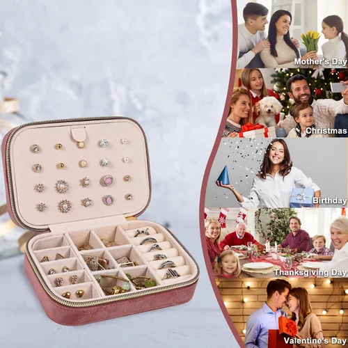 Vista 6 de Dajasan Joyero de terciopelo, pequeño estuche de joyería de viaje, organizador de joyas portátil de viaje para mujeres y niñas (rosa)
