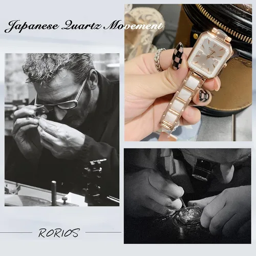 Vista 4 de RORIOS Reloj analógico de cuarzo para mujer, con correa de cerámica, reloj de pulsera cuadrado impermeable para mujeres y mujeres