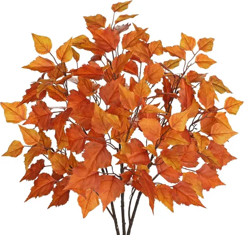 Vista 7 de Hollyone 3 hojas de abedul artificiales de otoño con tallos de seda de 33 pulgadas, ramas de hojas de otoño de color burdeos sintético, decoración